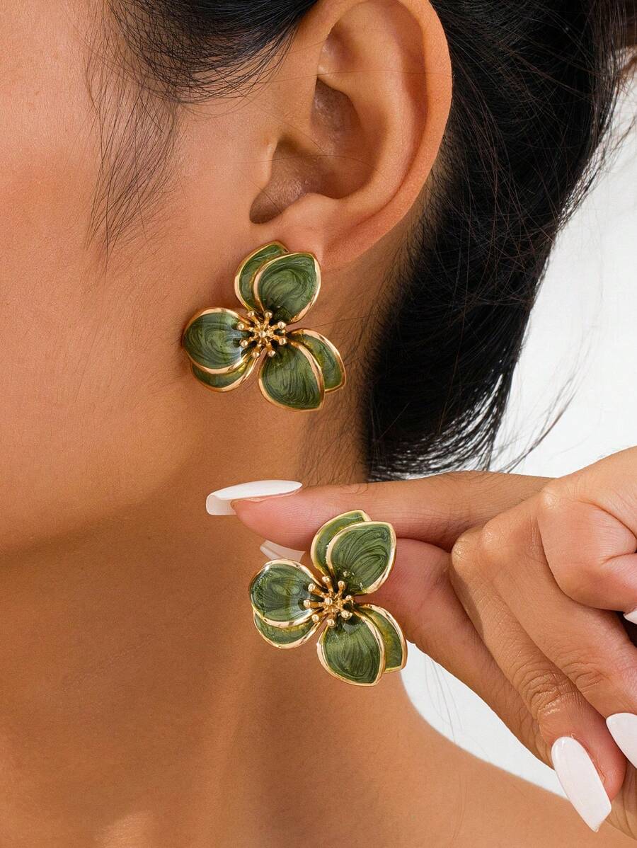 1pair Lovely Seaside Floral Drop Stud Earrings For Women - Green - View 1