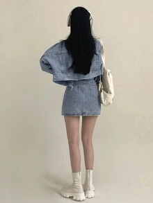 2025新款女式两件套休闲百搭短款牛仔套装 - 藍色 - 查看 4