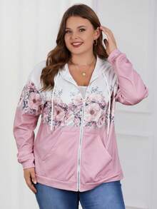 Sudadera con capucha con aplicación floral, talla grande - Rosa - Ver 4