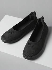 Giày đế bằng đan màu trơn cho nữ, giày thường ngày nhẹ và thoải mái, giày lười mũi tròn, giày đi bộ đế mềm nhẹ, giày đi bộ đế mềm, giày khiêu vũ ba lê, giày thường ngày thoáng khí cổ thấp, giày lười dễ dàng mang vào-tháo ra - màu đen - Xem 5