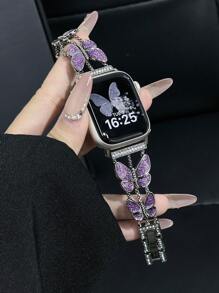 1 件奢华紫色双蝴蝶水钻手链带兼容 38/40/41/42/44/45/46/49 毫米 表带兼容 Ultra1/2/3/SE/Series 11/10/9/8/7/6/5/4/3/2/1（仅限表带） - 紫色 - 查看 3