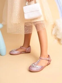 Girls Flats Mary Jane Dress Shoes Flower Girls Dress Flats With Pearl T-Strap Wedding Party School Princess Flats For Toddler Little Big Kid - 粉色 - 查看 2