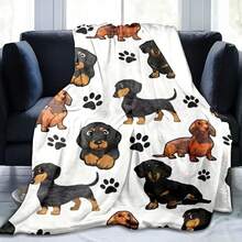 1pc Cute Dachshund Soft & Cozy Polyester Knitted Throw Blanket, Suitable For All Seasons - Gentle Animal Pattern With Paw Prints - For Sofa & Camping, Autumn Blanket, Plush Blanket, Blanket & Throw, Fluffy Blanket, Bedding, Sofa Cover, Soft Blanket, Decor, Room, Personalized Blanket - Multicolor - View 4