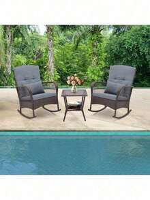3 PCS Rocking Bistro Rattan Conversation Dining Sofa Set W/ 2-Tiers Coffee Table - 1 - View 10