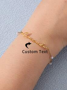 1 件个性化任意签名名字珍珠手链，适合男女定制名字珍珠链手链不锈钢镀名珠宝婚礼生日礼物