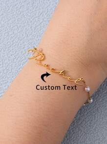 1 件个性化任意签名名字珍珠手链，适合男女定制名字珍珠链手链不锈钢镀名珠宝婚礼生日礼物