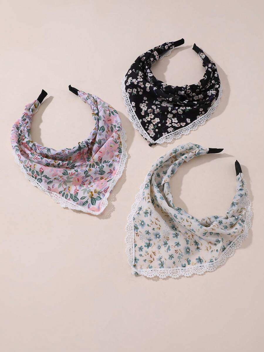 3pcs Women's Bohemian Style Floral Lace Headbands, Suitable For Daily Matching (Floral Pattern Colors May Vary In Depth) Head Accessories