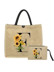 2pcs Linen Tote Bag Set, Including 1 Bag Printed With Letters A-Z And 1 Floral Printed Pouch, Sunflower Floral Print, Letter, Flower Pattern, Personalized Gift Packaging, Yellow Linen Black Tote Bag With Black Snap Closure, Bag Set - Khaki - View 17