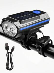 Conjunto de luces de bicicleta recargables USB alimentadas por energía solar, faro de bicicleta LED con luz de emergencia y bocina, resistente al agua, con 3 modos de iluminación