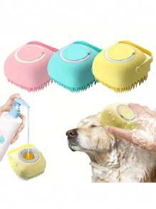 1 pieza Cepillo de baño y champú de verano para mascotas, cepillo de goma de silicona para masaje con compartimento para champú para herramientas de aseo de perros y gatos; Accesorios para perros y gatos; Playa; Sol; Viaje; Fresco;