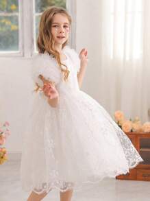 Vestido de fiesta de encaje blanco y malla para niña, elegante vestido de princesa adecuado como regalo de cumpleaños para bebé, banquete, baile, niña de las flores, boda, fiesta, ocasión especial, celebración de festivales, actuación en el escenario - Blanco - Ver 5