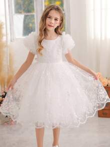 Vestido de fiesta de encaje blanco y malla para niña, elegante vestido de princesa adecuado como regalo de cumpleaños para bebé, banquete, baile, niña de las flores, boda, fiesta, ocasión especial, celebración de festivales, actuación en el escenario - Blanco - Ver 1