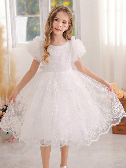 Young Girl White Lace Mesh Valentine's Day Party Dress, Elegant Princess Gown Suitable For Baby Birthday Gift, Banquet, Ball, Flower Girl, Wedding, Party, Special Occasion, Festival Celebration, Stage Performance