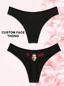 1pc Personalized "Yes Daddy" Letter & Male Portrait Print Sexy Low-Waist Funny Thong Underwear For Valentine's Day/Anniversary, Stretchy Butt-Lifting,Adorable,Contracted,Funny,Cute,Custom,Personalized,Unique,Customized,Underwear,Thongs,Ideal Gifts For Him,Ideal Gifts For Her,Friends,Girlfriend - Black - View 6