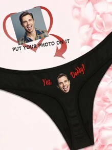 1pc Personalized "Yes Daddy" Letter & Male Portrait Print Sexy Low-Waist Funny Thong Underwear For Valentine's Day/Anniversary, Stretchy Butt-Lifting,Adorable,Contracted,Funny,Cute,Custom,Personalized,Unique,Customized,Underwear,Thongs,Ideal Gifts For Him,Ideal Gifts For Her,Friends,Girlfriend - Black - View 4