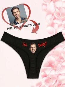 1pc Personalized "Yes Daddy" Letter & Male Portrait Print Sexy Low-Waist Funny Thong Underwear For Valentine's Day/Anniversary, Stretchy Butt-Lifting,Adorable,Contracted,Funny,Cute,Custom,Personalized,Unique,Customized,Underwear,Thongs,Ideal Gifts For Him,Ideal Gifts For Her,Friends,Girlfriend - Black - View 3