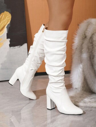 Timesize Botas Cowboy Acima do Joelho Brancas, Botas de Inverno com Salto Grosso e Cadarço para Mulheres, Design com Pregas Aleatórias, Combina com Espartilho, Festa