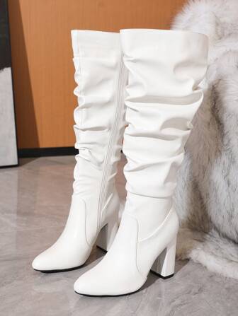 Timesize Botas vaqueras blancas por encima de la rodilla, botas de invierno con cordones y tacón grueso para mujer, diseño de pliegues aleatorios, combinan con corsé, para fiesta