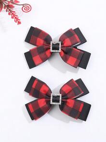 2 件圣诞红色格子蝴蝶结发夹，适合女孩，水钻闪亮复古风格发夹，适合儿童的圣诞派对发饰 - 彩色 - 查看 2