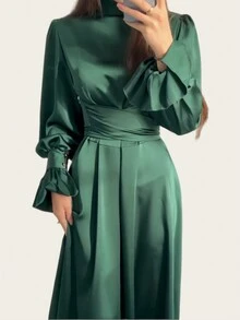 Women Long Modest Dress Lantern Sleeves High Neck Party Plain Color Gown Dress Casual Spring - Green - View 5
