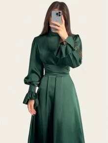 Women Long Modest Dress Lantern Sleeves High Neck Party Plain Color Gown Dress Casual Spring - Green - View 3
