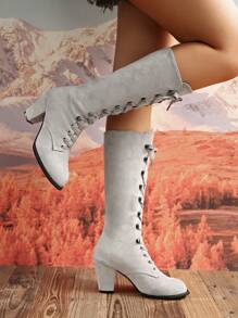 2025 Autumn/Winter Plus Size European & American Fashion Lace-Up Roman Knight Boots For Women, Black Waterproof Platform High Shaft Round Toe Thick High Heel Tall Boots