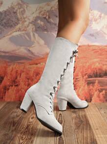 2025 Autumn/Winter Plus Size European & American Fashion Lace-Up Roman Knight Boots For Women, Black Waterproof Platform High Shaft Round Toe Thick High Heel Tall Boots