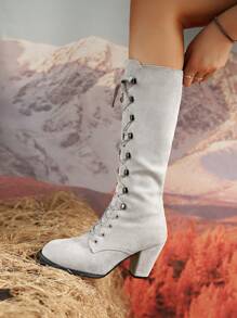 2025 Autumn/Winter Plus Size European & American Fashion Lace-Up Roman Knight Boots For Women, Black Waterproof Platform High Shaft Round Toe Thick High Heel Tall Boots
