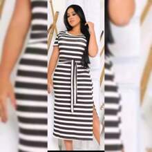 Short Sleeve Striped Midi Dress With Tie Bow - 黑與白 - 查看 2