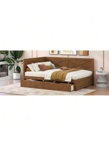 Twin Size Wood Daybed With 2 Drawers And Rustic Guardrail, Ancient Brown(Expected Arrival Time: 8.28),Youngth