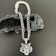 Mode 14mm breite, massive Gliederkette Halskette, kühnes Tier-Thema Schmuckstück, kombiniert mit goldenem Tigerkopf Anhänger mit 18K Weiß-/Gelbgold-Beschichtung, besetzt mit simulierten Strass-Steinen, erhältlich in 50/60/70cm