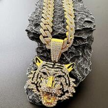 Mode 14mm breite, massive Gliederkette Halskette, kühnes Tier-Thema Schmuckstück, kombiniert mit goldenem Tigerkopf Anhänger mit 18K Weiß-/Gelbgold-Beschichtung, besetzt mit simulierten Strass-Steinen, erhältlich in 50/60/70cm
