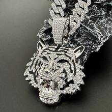 Mode 14mm breite, massive Gliederkette Halskette, kühnes Tier-Thema Schmuckstück, kombiniert mit goldenem Tigerkopf Anhänger mit 18K Weiß-/Gelbgold-Beschichtung, besetzt mit simulierten Strass-Steinen, erhältlich in 50/60/70cm