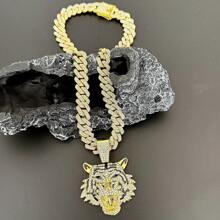 Mode 14mm breite, massive Gliederkette Halskette, kühnes Tier-Thema Schmuckstück, kombiniert mit goldenem Tigerkopf Anhänger mit 18K Weiß-/Gelbgold-Beschichtung, besetzt mit simulierten Strass-Steinen, erhältlich in 50/60/70cm