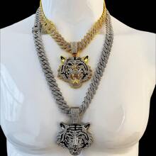 Mode 14mm breite, massive Gliederkette Halskette, kühnes Tier-Thema Schmuckstück, kombiniert mit goldenem Tigerkopf Anhänger mit 18K Weiß-/Gelbgold-Beschichtung, besetzt mit simulierten Strass-Steinen, erhältlich in 50/60/70cm