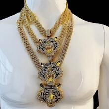 Mode 14mm breite, massive Gliederkette Halskette, kühnes Tier-Thema Schmuckstück, kombiniert mit goldenem Tigerkopf Anhänger mit 18K Weiß-/Gelbgold-Beschichtung, besetzt mit simulierten Strass-Steinen, erhältlich in 50/60/70cm