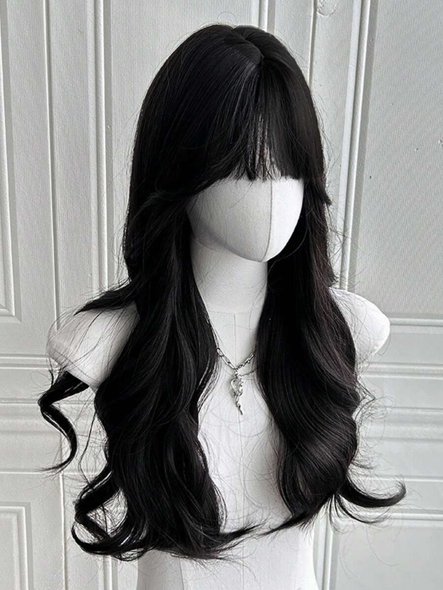 Peluca negra con flequillo, peluca larga y ondulada para mujeres, 24 pulgadas de apariencia natural, resistente al calor, pelucas sintéticas realistas para uso diario y de fiesta