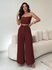 Women's Set High Waisted Wide Leg Pants And Cropped Top In Duna - Burgundy - View 1
