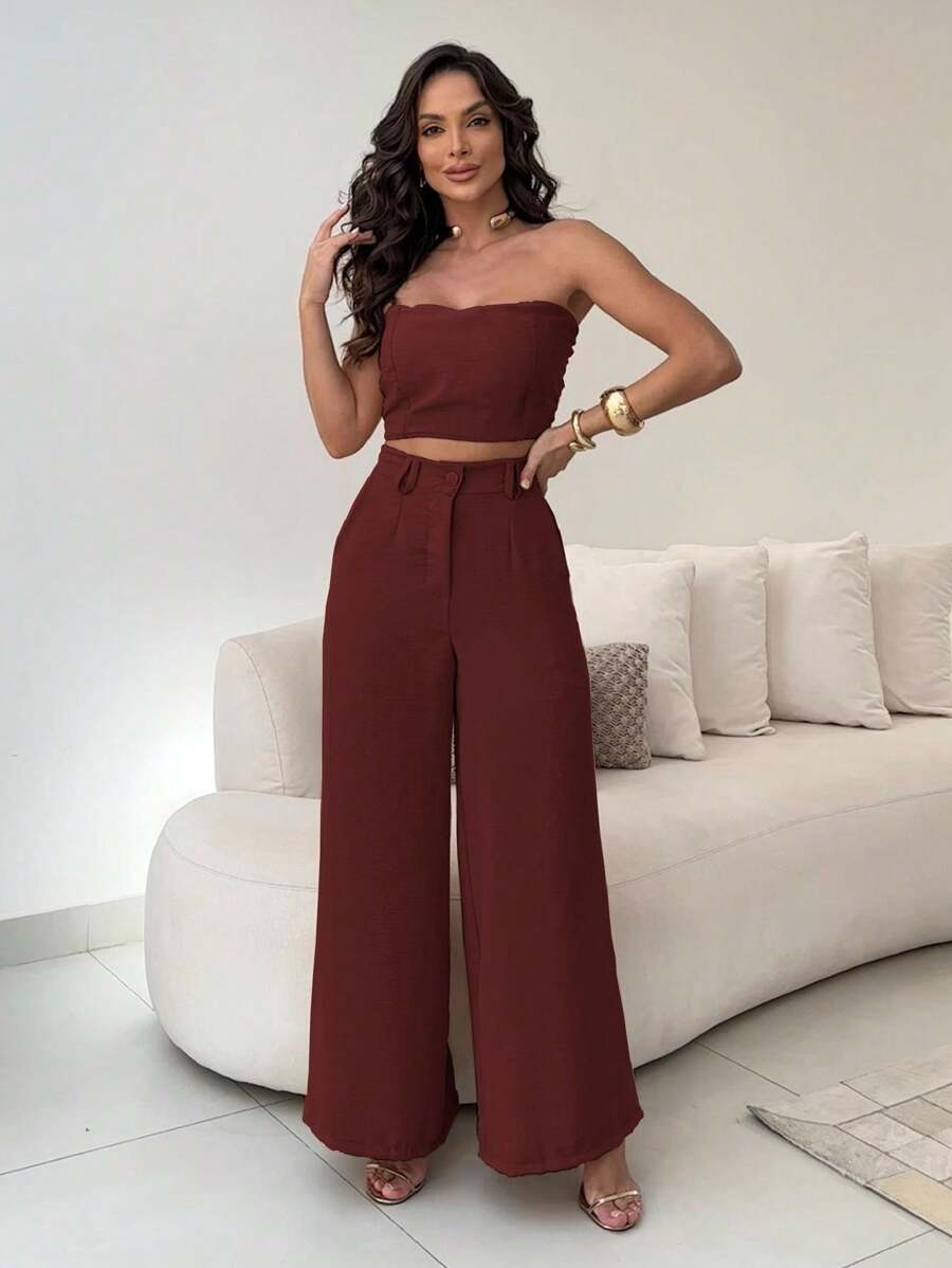 Women's Set High Waisted Wide Leg Pants And Cropped Top In Duna - Burgundy - View 1