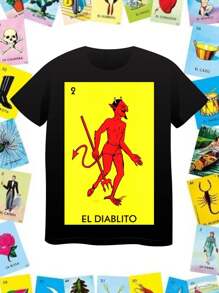 playera Loteria mexico El diablo juego tradiciones mexicano - Negro - Ver 1