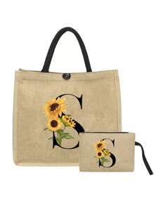 2pcs Linen Tote Bag Set, Including 1 Bag Printed With Letters A-Z And 1 Floral Printed Pouch, Sunflower Floral Print, Letter, Flower Pattern, Personalized Gift Packaging, Yellow Linen Black Tote Bag With Black Snap Closure, Bag Set - Khaki - View 19