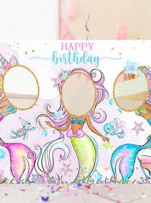 1件65*100厘米紫色美人鱼图案涤纶照片挂布，印有“生日快乐”字样，可重复使用且可水洗，生日派对背景装饰，拍照道具相框，圣诞节 - 紫色 - 查看 4