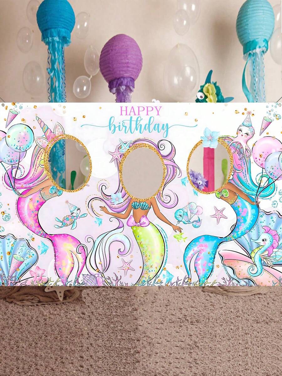 1件65*100厘米紫色美人鱼图案涤纶照片挂布，印有“生日快乐”字样，可重复使用且可水洗，生日派对背景装饰，拍照道具相框，圣诞节 - 紫色 - 查看 1