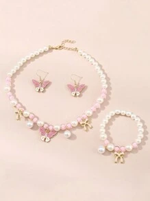 Bộ 4 món trang sức vòng cổ, vòng tay, mặt dây chuyền hình bướm, hoa tai đính nơ màu hồng dễ thương, phù hợp cho bé gái, phong cách công chúa đáng yêu - Hồng - Xem 5