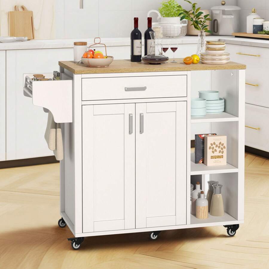 Rolling Kitchen Island Cart Trolley Storage Cabinet W/Countertop Drawer Shelves