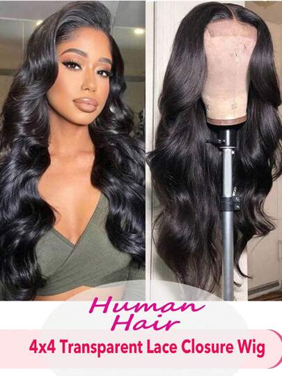 4x4 Human Hair Lace Frontal Wig Transparent Lace Front Wig Body Wave Wig Brazilian Hair Lace Closure Wig With Baby Hair 200% Density Natural Black Color