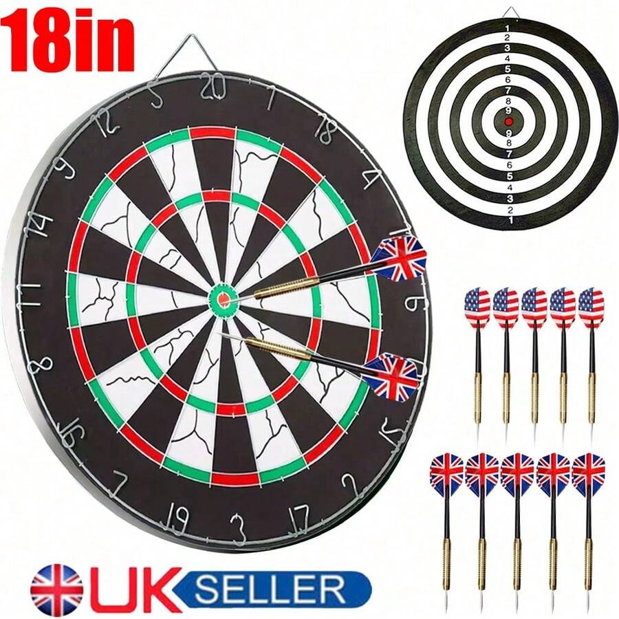 Full Size 18" Inch Dart Board Double Sided Dartboard Target Board +10 Darts Game - Black - View 1