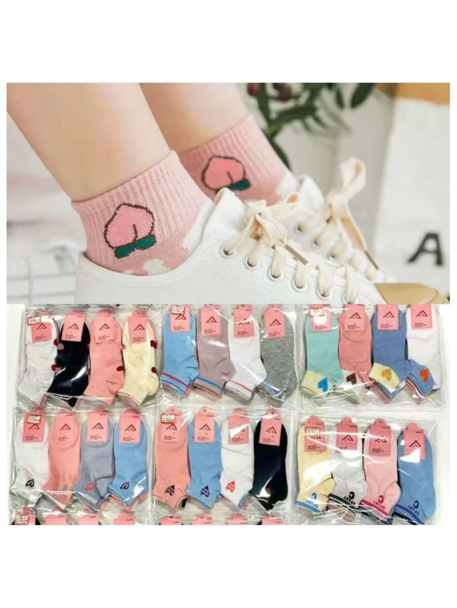 Kit 12 Pairs Of Stylish Women's Ankle Socks With Assorted Prints Size 35-40 - Nhiều màu - Xem 1