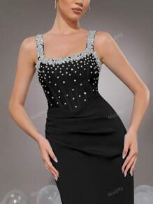 Modphy Sleeveless Heavily Decor Rhinestone Bandage Dress, Elegant Ruched Slit Bodycon Evening Gown For Bridesmaids, Holiday Party, Wedding Wedding Guest Dress Formal Dress