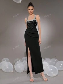 Modphy Sleeveless Heavily Decor Rhinestone Bandage Dress, Elegant Ruched Slit Bodycon Evening Gown For Bridesmaids, Holiday Party, Wedding Wedding Guest Dress Formal Dress
